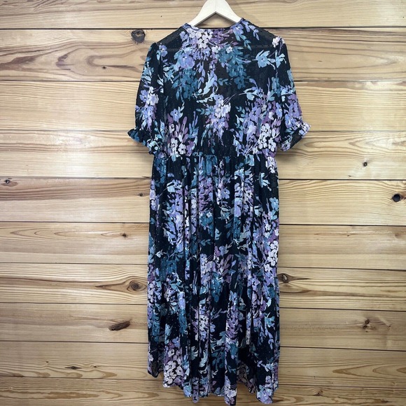 Torrid 1 Ruffle Kimono Shirt Floral Swiss Dot Black Purple SS Sheer boho B84 - Picture 11 of 16